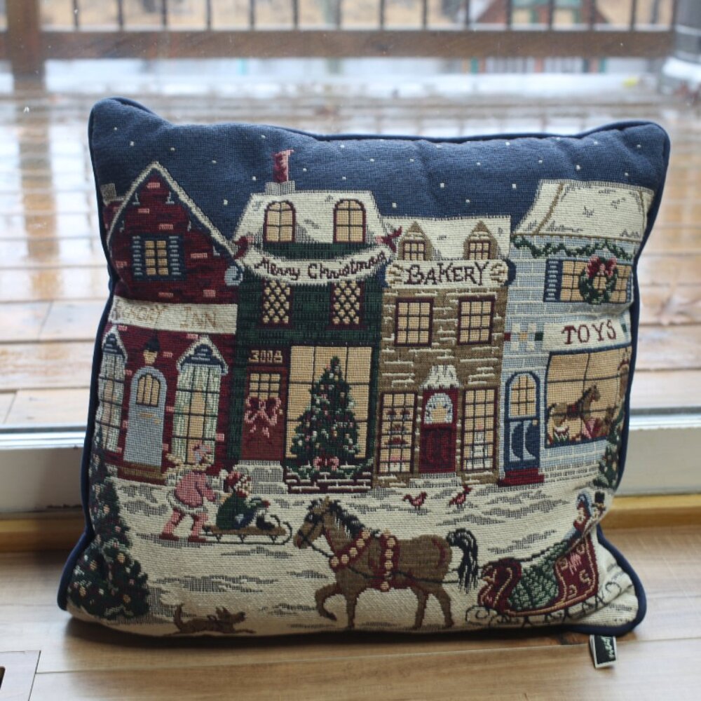 Christmas Tapestry Pillow 15X15" Town Scene Newport Embroidery